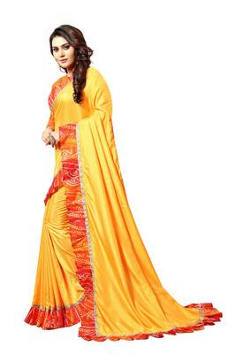 Yellow printed silk blend  saree with blouse 2