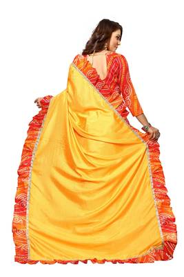 Yellow printed silk blend  saree with blouse 3