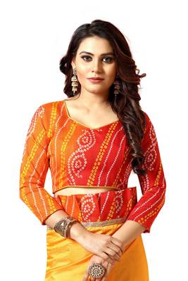 Yellow printed silk blend  saree with blouse 5