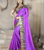 Purple plain paper cotton saree with blouse