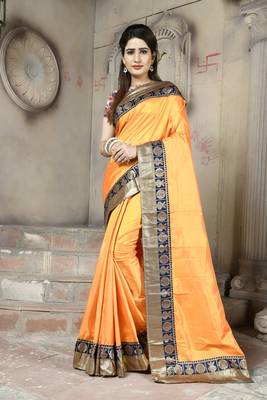 Orange plain paper cotton saree with blouse 1