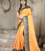 Orange plain paper cotton saree with blouse