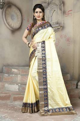 Cream plain paper cotton saree with blouse 1