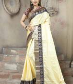 Cream plain paper cotton saree with blouse