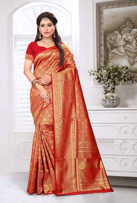Red Woven Banarasi Art Silk Saree With Blouse 1