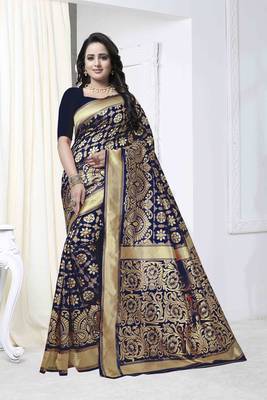 Blue Woven Banarasi Art Silk Saree With Blouse 1