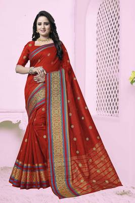 Red Woven Banarasi Art Silk Saree With Blouse 1