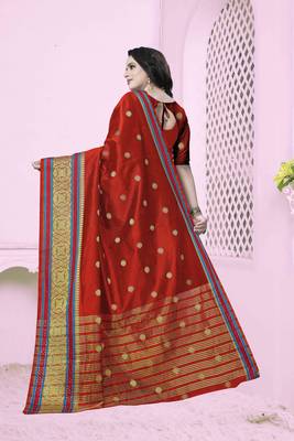 Red Woven Banarasi Art Silk Saree With Blouse 2