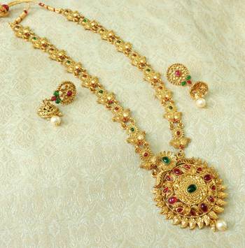 Lalso Designer Kempu Green Stone Gold Plated Long Haar Necklace Set - LSLGS01_KG 1