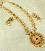 Lalso Designer Kempu Green Stone Gold Plated Long Haar Necklace Set - LSLGS01_KG