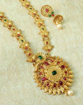 Lalso Designer Kempu Green Stone Gold Plated Long Haar Necklace Set - LSLGS01_KG 2