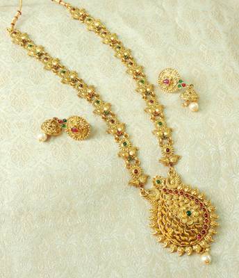 Lalso Designer Kempu Green Stone Gold Plated Long Haar Necklace Set - LSLGS02_KG 1