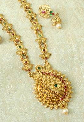 Lalso Designer Kempu Green Stone Gold Plated Long Haar Necklace Set - LSLGS02_KG 2