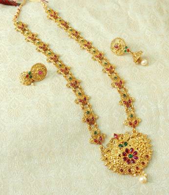 Lalso Designer Kempu Green Stone Gold Plated Long Haar Necklace Set - LSLGS03_KG 1