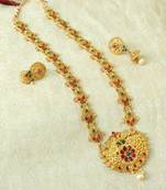 Lalso Designer Kempu Green Stone Gold Plated Long Haar Necklace Set - LSLGS03_KG