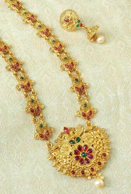 Lalso Designer Kempu Green Stone Gold Plated Long Haar Necklace Set - LSLGS03_KG 2
