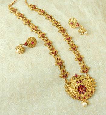 Lalso Designer Kempu Stone Gold Plated Long Haar Necklace Set - LSLGS03_KP 1