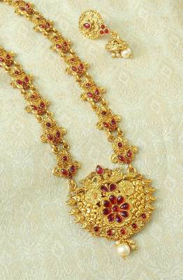 Lalso Designer Kempu Stone Gold Plated Long Haar Necklace Set - LSLGS03_KP 2