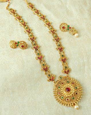 Lalso Designer Kempu Green Stone Gold Plated Long Haar Necklace Set - LSLGS04_KG 1
