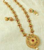 Lalso Designer Kempu Green Stone Gold Plated Long Haar Necklace Set - LSLGS04_KG