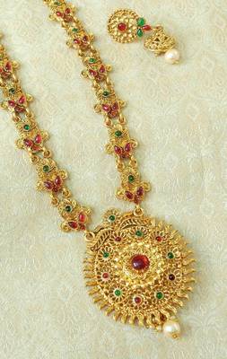 Lalso Designer Kempu Green Stone Gold Plated Long Haar Necklace Set - LSLGS04_KG 2