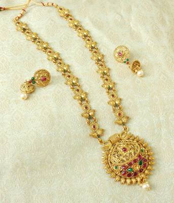 Lalso Designer Kempu Green Stone Gold Plated Long Haar Necklace Set - LSLGS05_KG 1