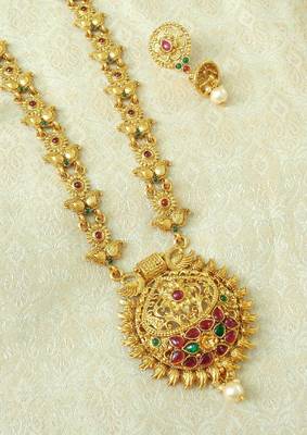 Lalso Designer Kempu Green Stone Gold Plated Long Haar Necklace Set - LSLGS05_KG 2