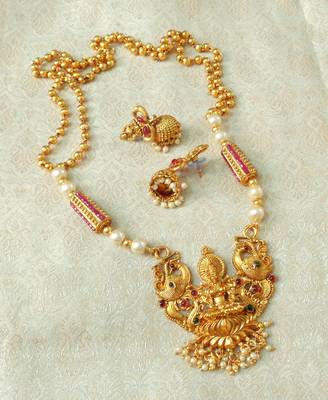 Lalso Designer Temple Jewelry Kempu Green Long Laxmi Pendant Set - LSLPS02_KG 1