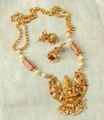 Lalso Designer Temple Jewelry Kempu Green Long Laxmi Pendant Set - LSLPS02_KG