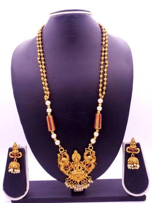 Lalso Designer Temple Jewelry Kempu Green Long Laxmi Pendant Set - LSLPS02_KG 2
