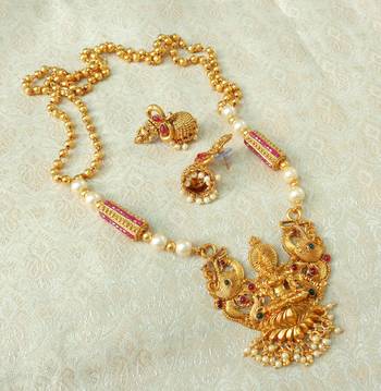Lalso Designer Temple Jewelry Kempu Green Long Laxmi Pendant Set - LSLPS02_KG 3