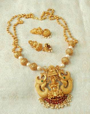 Lalso Designer Temple Jewelry Kempu Green Long Laxmi Pendant Set - LSLPS04_KG 1
