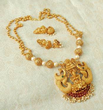 Lalso Designer Temple Jewelry Kempu Green Long Laxmi Pendant Set - LSLPS04_KG 3