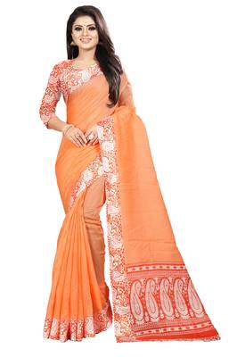 Orange printed blended cotton saree with blouse 1