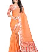 Orange printed blended cotton saree with blouse