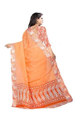 Orange printed blended cotton saree with blouse 2
