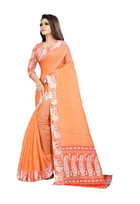 Orange printed blended cotton saree with blouse 3