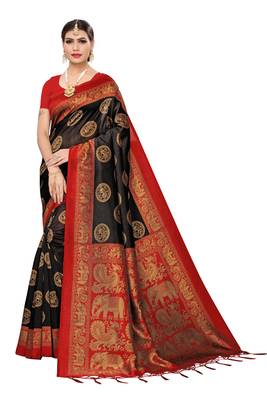 Black printed cotton silk saree with blouse 1