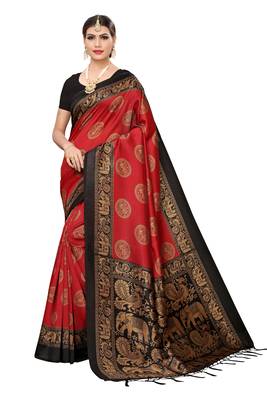 Red printed cotton silk saree with blouse 1