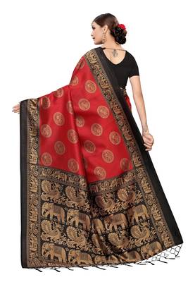 Red printed cotton silk saree with blouse 2