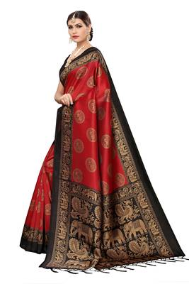 Red printed cotton silk saree with blouse 3