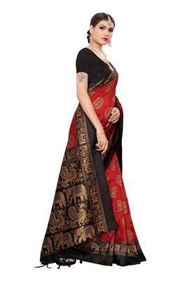 Red printed cotton silk saree with blouse 4