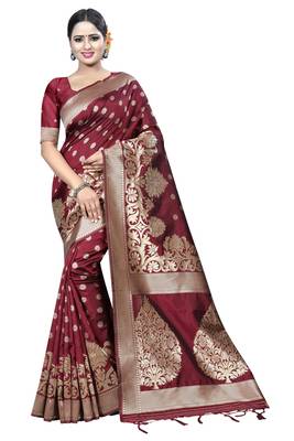 Maroon hand woven cotton silk saree with blouse 1