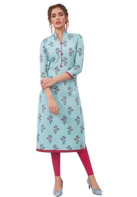 Women's Sky Blue & Pink Cotton Printed Straight Fit Readymade Kurta 1