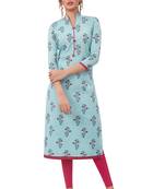 Women's Sky Blue & Pink Cotton Printed Straight Fit Readymade Kurta