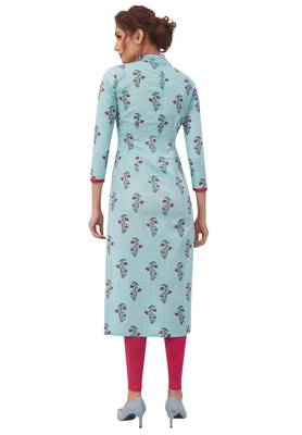 Women's Sky Blue & Pink Cotton Printed Straight Fit Readymade Kurta 2