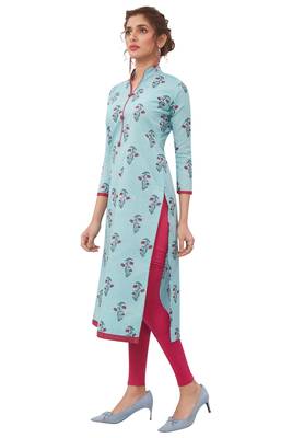 Women's Sky Blue & Pink Cotton Printed Straight Fit Readymade Kurta 3