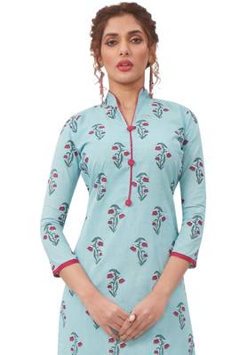 Women's Sky Blue & Pink Cotton Printed Straight Fit Readymade Kurta 4