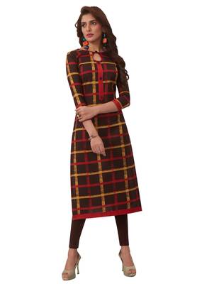 Women's Brown & Red Cotton Printed Straight Fit Readymade Kurta 1
