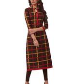 Women's Brown & Red Cotton Printed Straight Fit Readymade Kurta